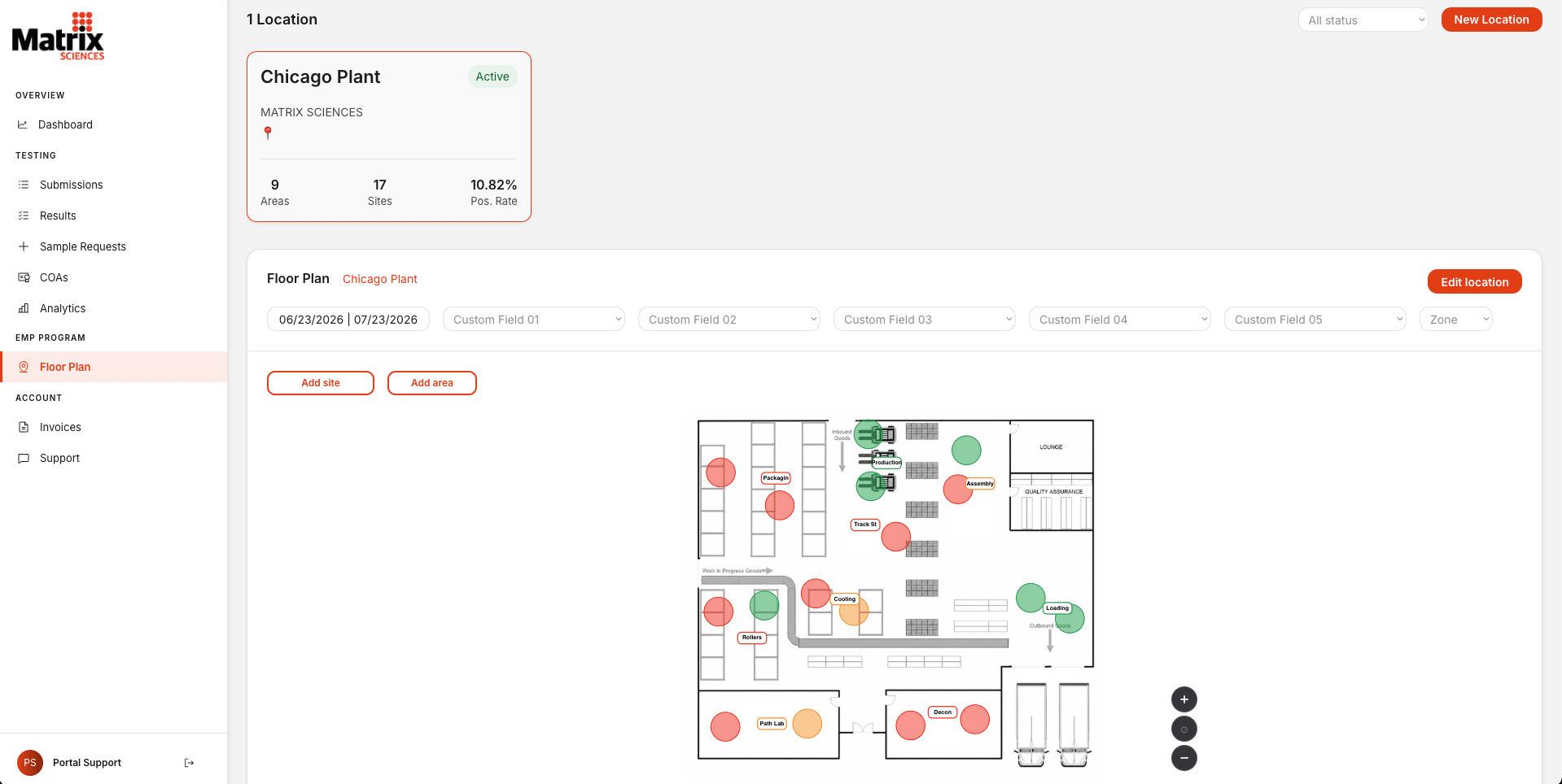 A dashboard for Matrix Sciences’ Chicago Plant shows a floor plan with colored markers, navigation menu on the left, and plant status overview at the top. There are buttons for editing and adding areas and custom fields. - Matrix Sciences