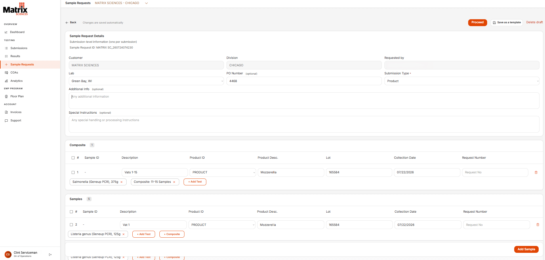 A web page shows a sample request form with fields for customer, division, samples, product codes, and dates, followed by a list of products, their details, and action buttons on the right. The interface uses orange and white colors. - Matrix Sciences